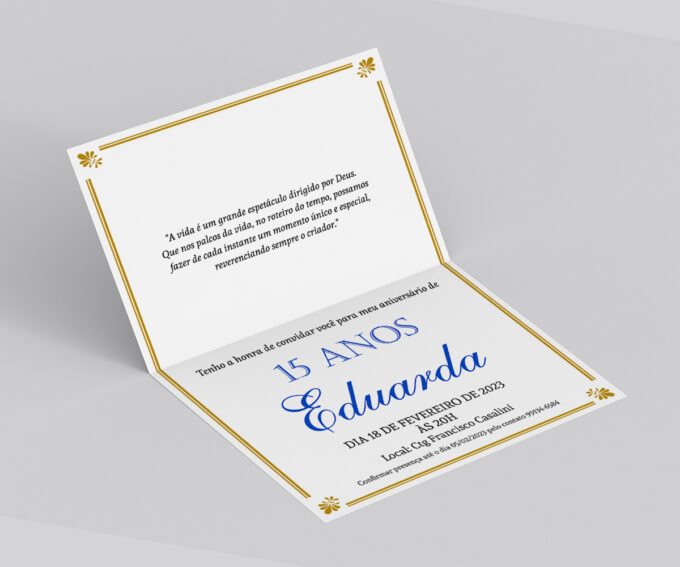 Convite para Debutante Aniversário15 Anos Azul Royal e Dourado