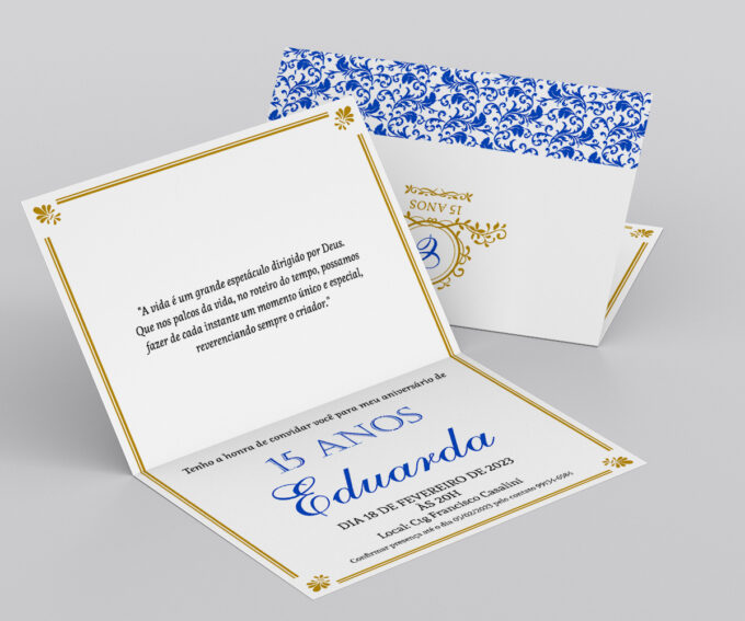 Convite para Debutante Aniversário15 Anos Azul Royal e Dourado