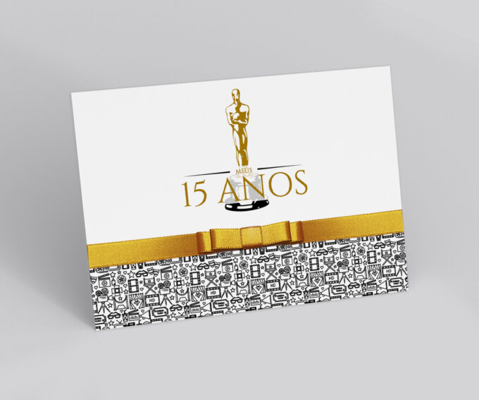 Convite Aniversário 15 Anos Festa Tema Hollywood Oscar Dourado e Preto