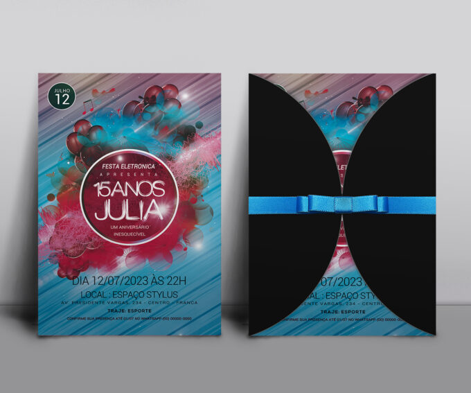 Convite Envelope Preto Meia Lua 15 Anos Personalizado Azul Turquesa e Preto