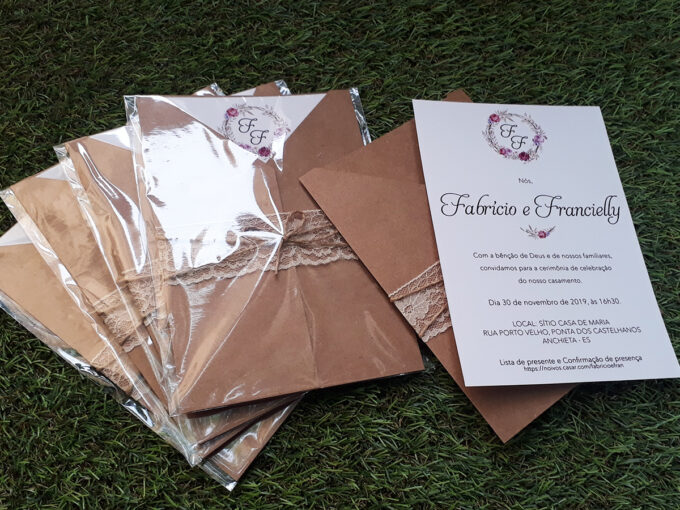 Convite Casamento Floral com Envelope Rústico Kraft Renda Personalizado
