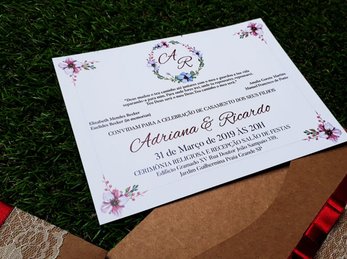 Convite Rústico para Casamento Brasão Floral Marsala Personalizado Renda