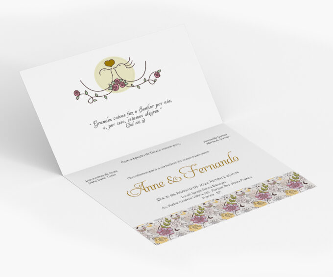 Convite Casamento Floral Passarinho Gaiola Rosê e Dourado Floral