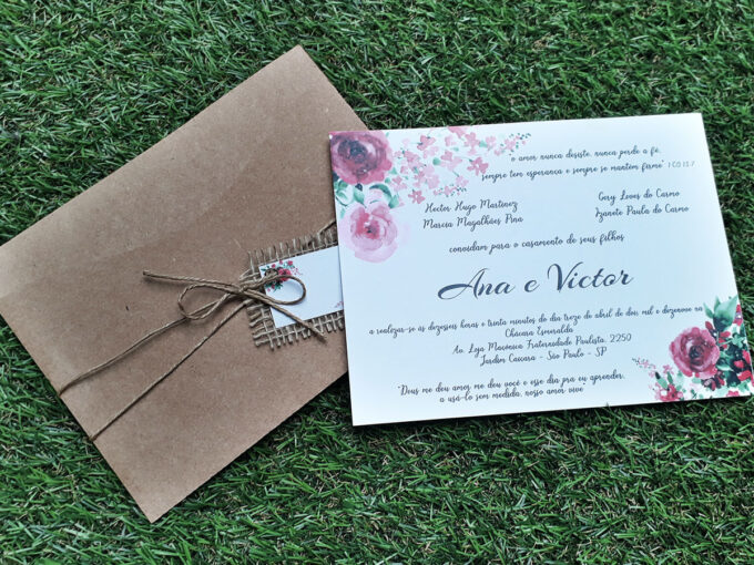 Convite Casamento Rústico Floral Marsala com Sisal Personalizado
