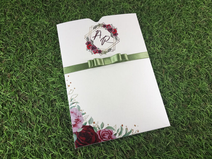 Convite com envelope Floral Verde e Marsala Papel Aspen Metálico Papel Alta Alvura