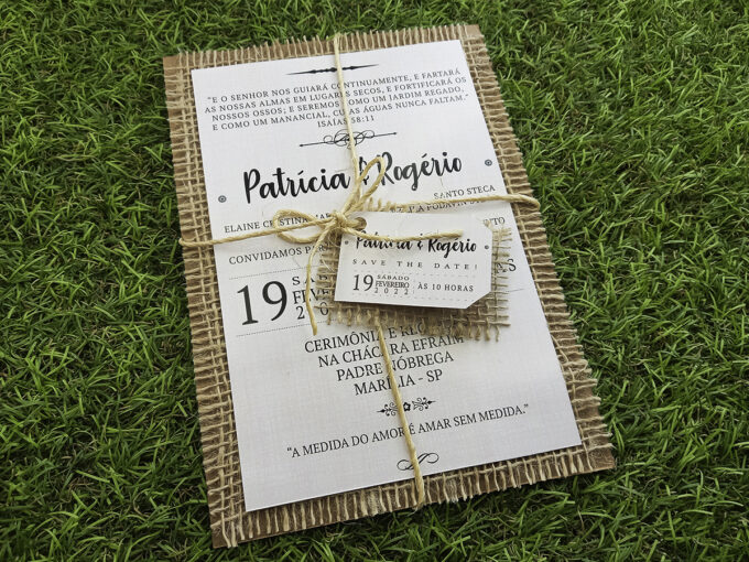 Convite de Casamento Rústico Com Juta Personalizado