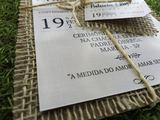 Convite de Casamento Rústico Com Juta Personalizado