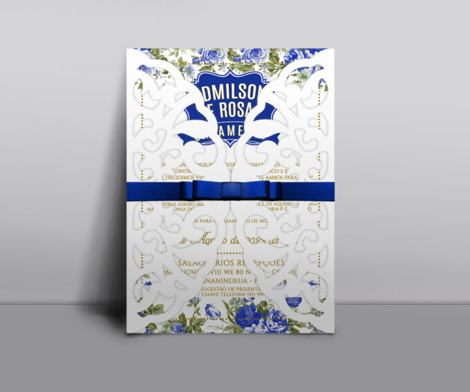 Convite Rendado para Casamento Noivado Aniversário Floral Azul Royal e Dourado