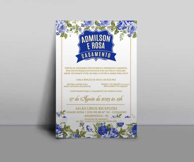 Convite Rendado para Casamento Noivado Aniversário Floral Azul Royal e Dourado