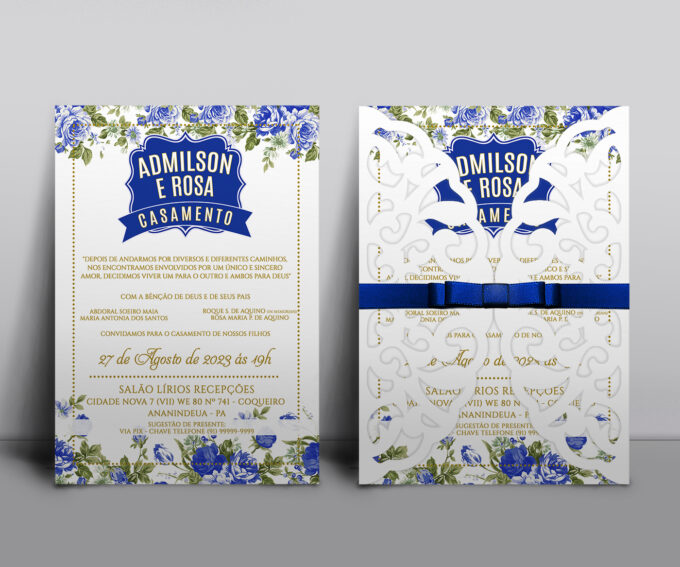 Convite Rendado para Casamento Noivado Aniversário Floral Azul Royal e Dourado