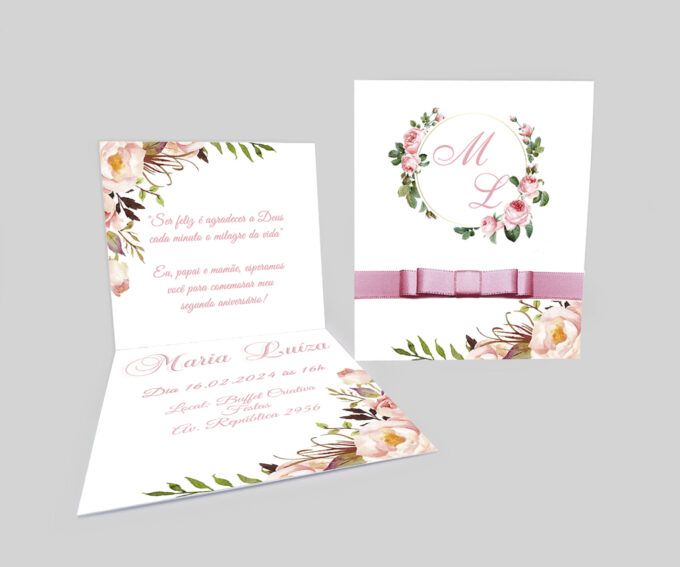 Convite para aniversario Infantil Floral Rose