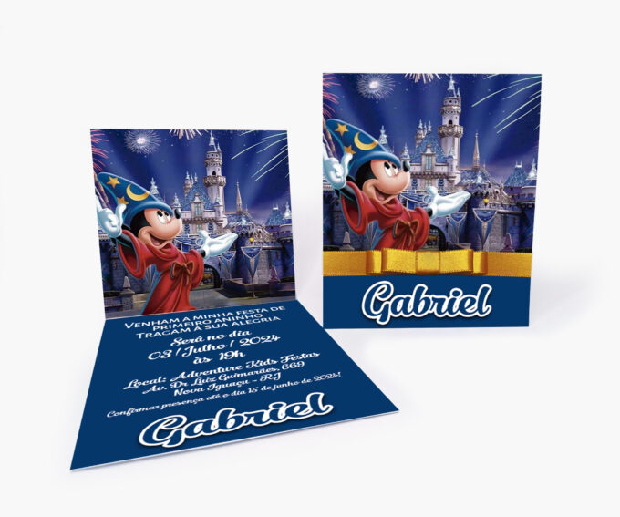 Convite Personalizado Infantil Azul, Tema Mickey Mágico Feiticeiro