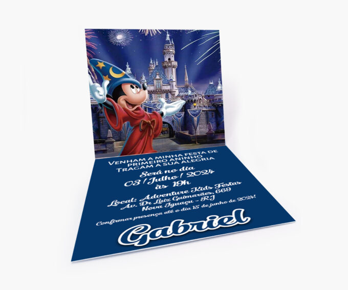 Convite Personalizado Infantil Azul, Tema Mickey Mágico Feiticeiro