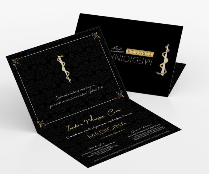 Convite Para Formatura Preto e Dourado Medicina Papel Alta Alvura