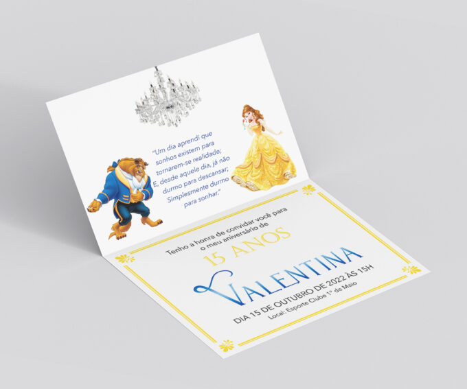 Convite Personalizado Aniversário Debutante 15 Anos A Bela e a Fera Amarelo e Azul