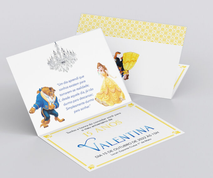 Convite Personalizado Aniversário Debutante 15 Anos A Bela e a Fera Amarelo e Azul