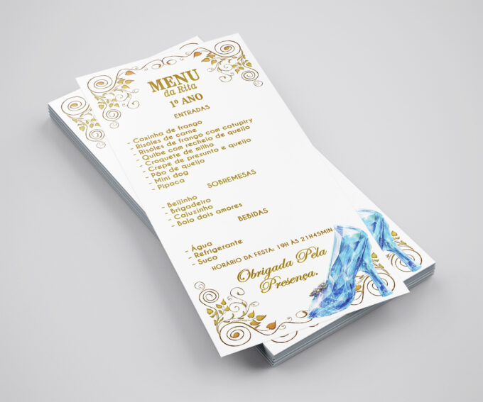 Menu Cardápio de Mesa Infantil Aniversário 1 aninho Cinderela