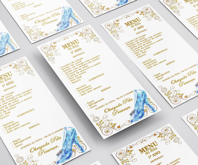 Menu Cardápio de Mesa Infantil Aniversário 1 aninho Cinderela