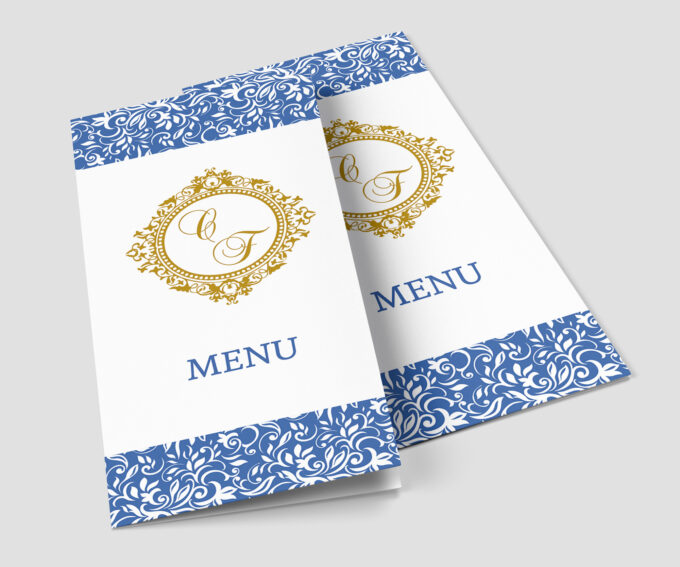 Menu Cardápio de Mesa Casamento Azul e Dourado