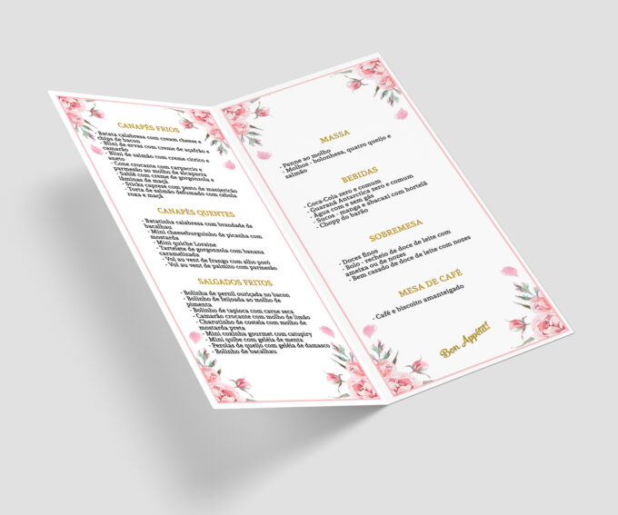 Menu Cardápio de Mesa Plaquinha Aniversário Floral Rosê
