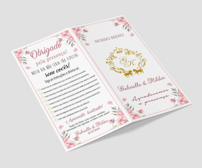 Menu Cardápio de Mesa Plaquinha Aniversário Floral Rosê