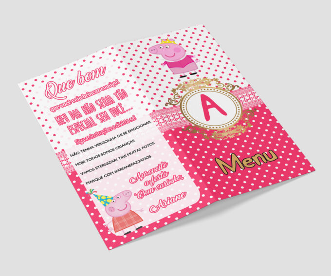 Menu Cardápio Infantil Rosa e Dourado Aniversário Festa Pepa