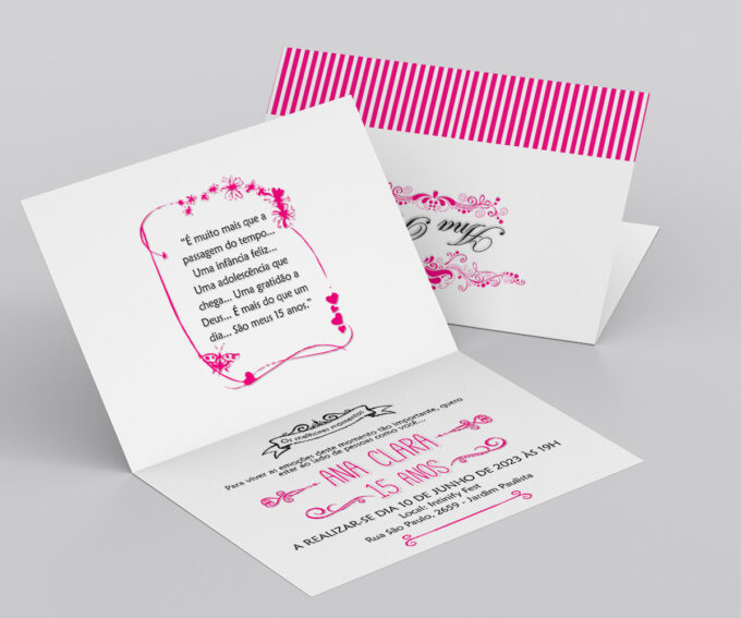 Convite Personalizado para Aniversário 15 Anos Debutante Rosa Pink Listras