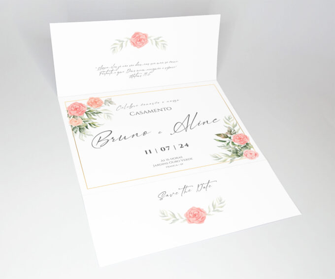 Convite duas dobras Personalizado Para Casamento floral rosa e verde