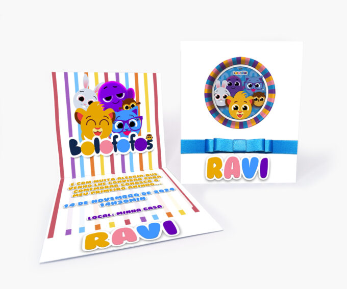 Convite Infantil Personalizado Aniversário Tema Bolofofos Azul Listras