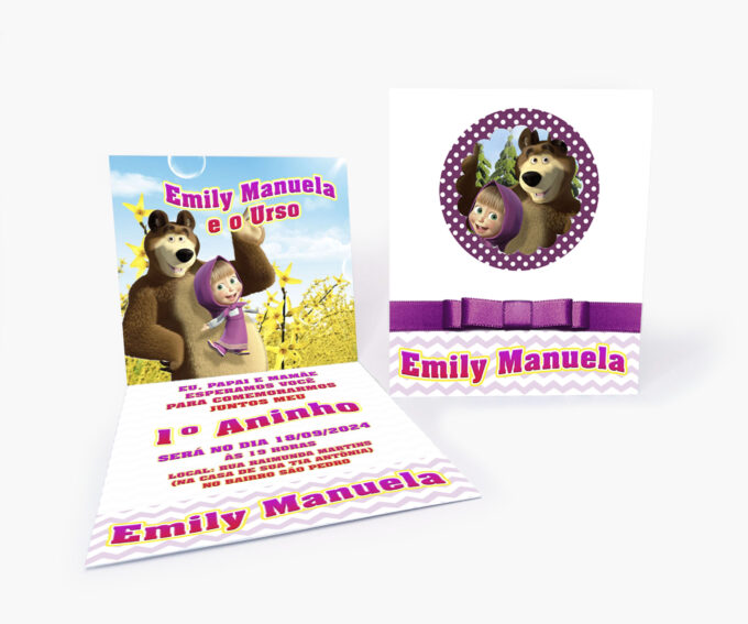 Convite Personalizado Infantil Aniversário Masha e o Urso Roxo Lilás Poá