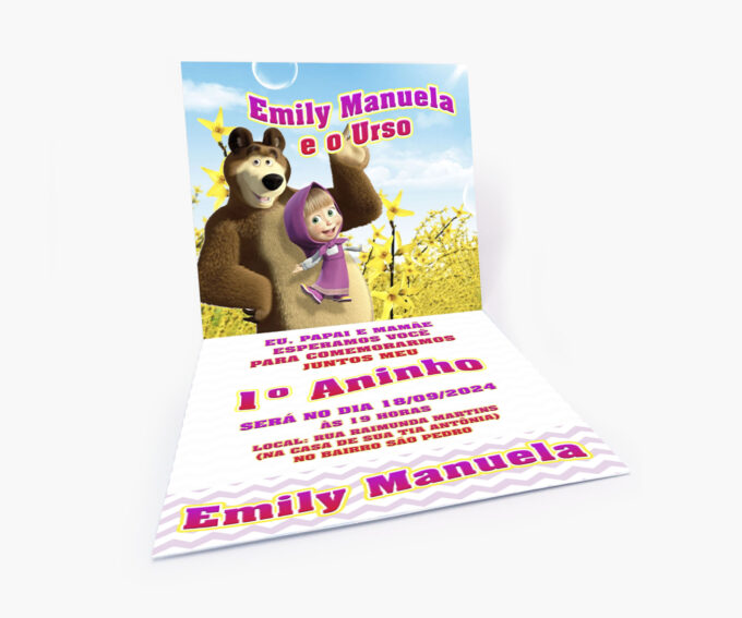Convite Personalizado Infantil Aniversário Masha e o Urso Roxo Lilás Poá