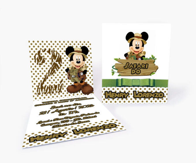 Convite Personalizado para aniversário Infantil Mickey Safari Verde Militar Poá