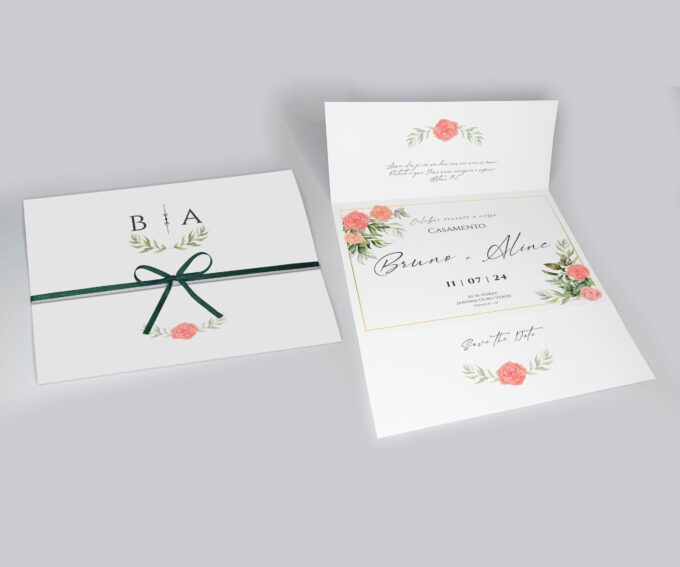 Convite duas dobras Personalizado Para Casamento floral rosa e verde