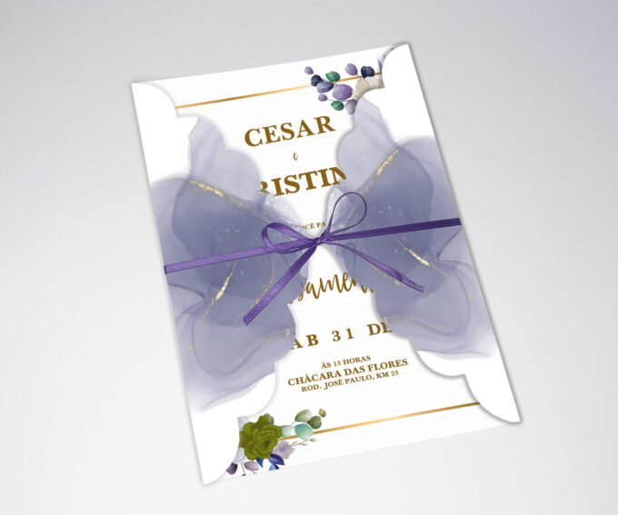 Convite para casamento Aniversário Floral cores Lilás Lavanda Dourado