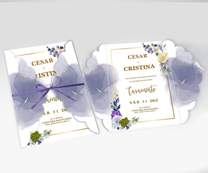Convite para casamento Aniversário Floral cores Lilás Lavanda Dourado