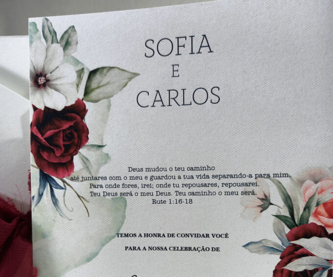 Convite Clássico para Casamento floral marsala Papel Especial Markatto
