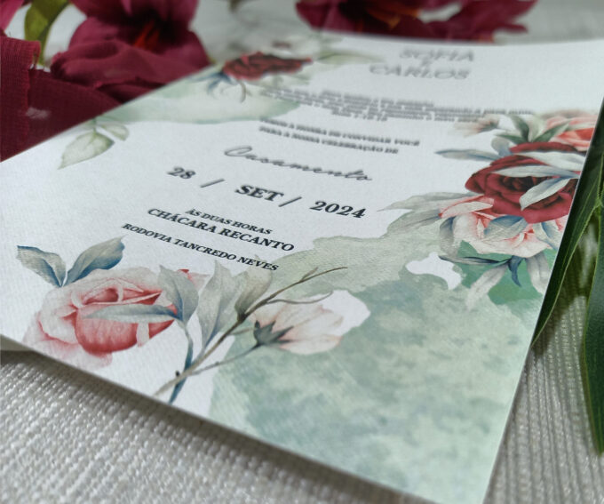 Convite Clássico para Casamento floral marsala Papel Especial Markatto