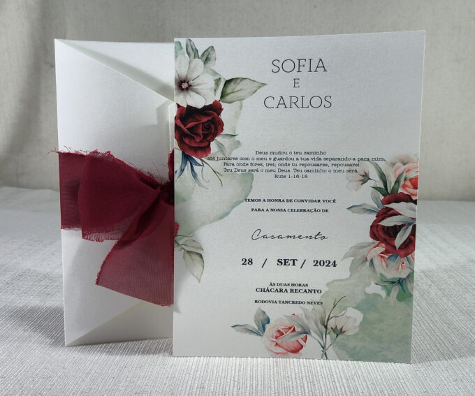 Convite Clássico para Casamento floral marsala Papel Especial Markatto
