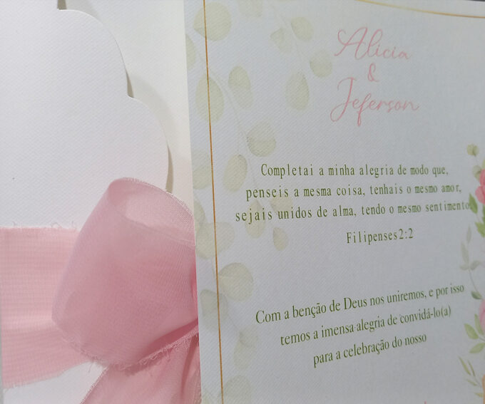 Convite Clássico em Papel Especial Markatto Casamento floral Rosa Bebê