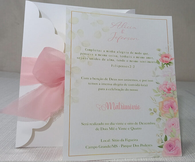 Convite Clássico em Papel Especial Markatto Casamento floral Rosa Bebê