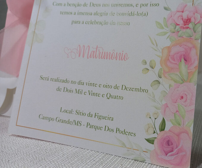 Convite Clássico em Papel Especial Markatto Casamento floral Rosa Bebê