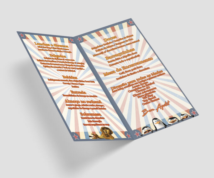 Menu Infantil Cardápio de Mesa Aniversário Tema Madagascar