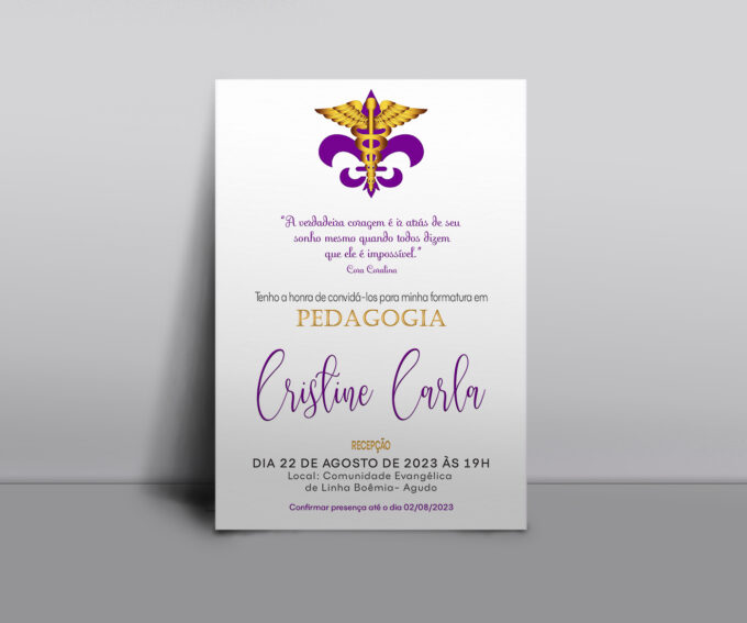 Convite Formatura com Envelope Meia Lua Pedagogia Lilás e Preto
