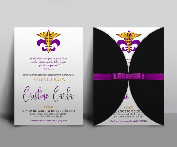 Convite Formatura com Envelope Meia Lua Pedagogia Lilás e Preto