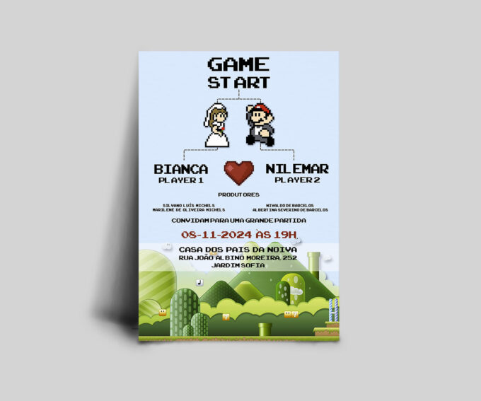 Convite Casamento Aniversário com Envelope Super Mario