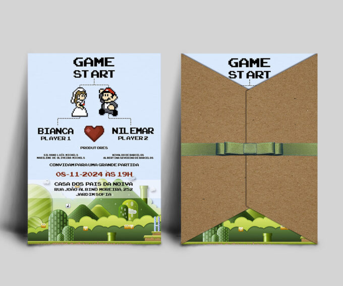 Convite Casamento Aniversário com Envelope Super Mario
