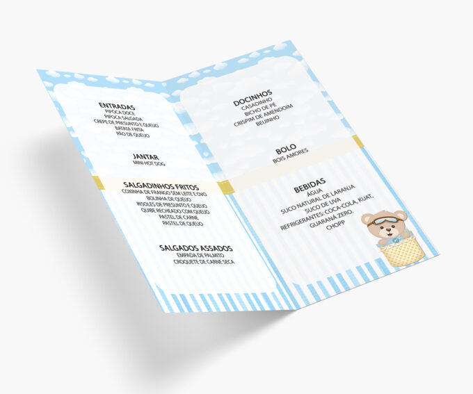Menu Infantil Cardápio de Mesa Aniversário Ursinho Baloeiro Azul Bebê