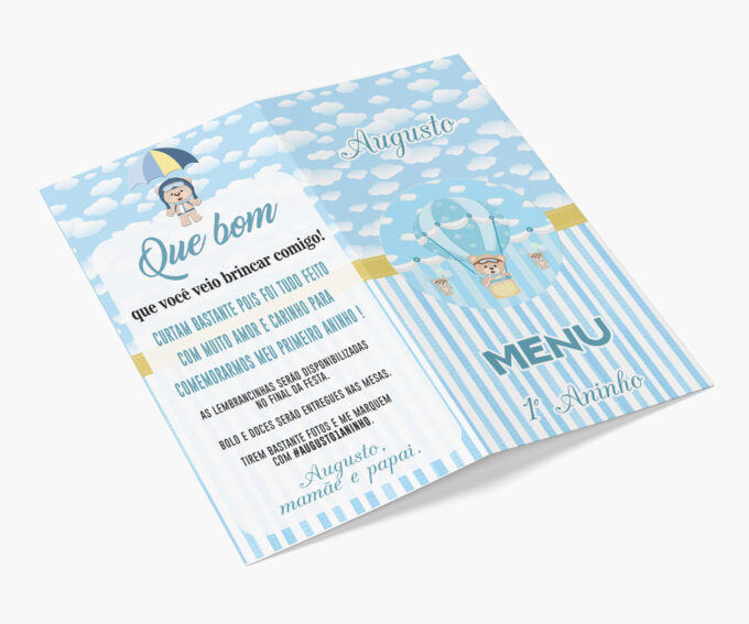 Menu Infantil Cardápio de Mesa Aniversário Ursinho Baloeiro Azul Bebê