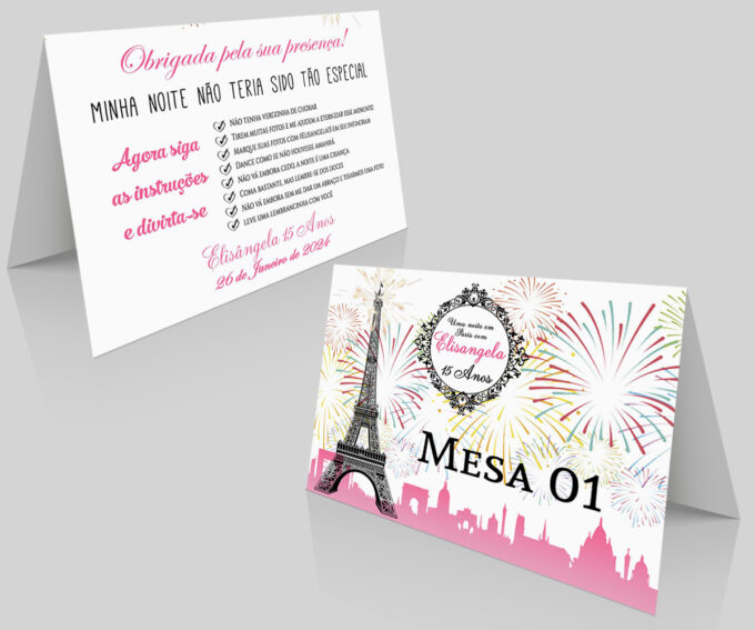 Numeração de Mesa Aniversário 15 Anos Torre Eiffel Rosa e Preto