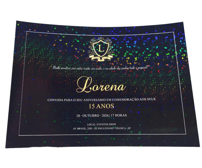 Convite Preto e Branco com envelope carta aniversário 15 anos Papel especial holográfico